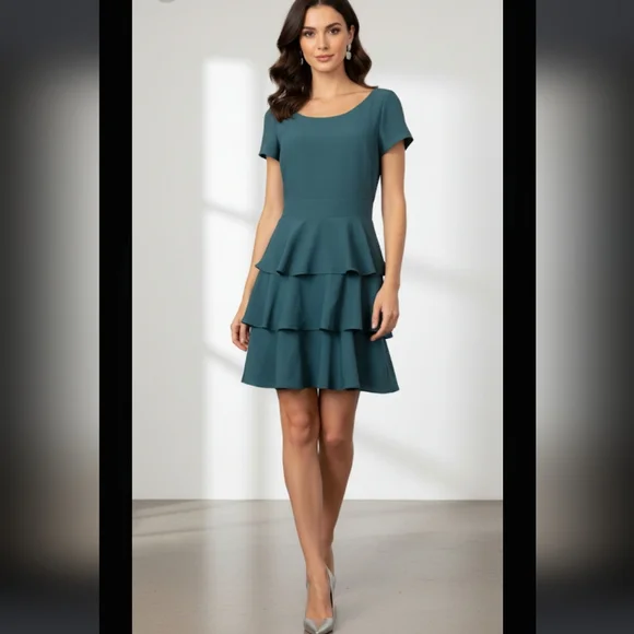 ELIZA J. Forest Green Tiered Ruffle Dress - Size 14 - Picture 2 of 13